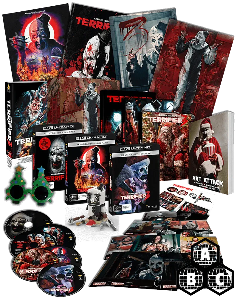 Art Attack: Terrifier Collector's Edition Box Set  (4K UHD, 4 Movies + Slipcases + Book + Brick Set + VHS + Sunglasses, Region Free) *see note